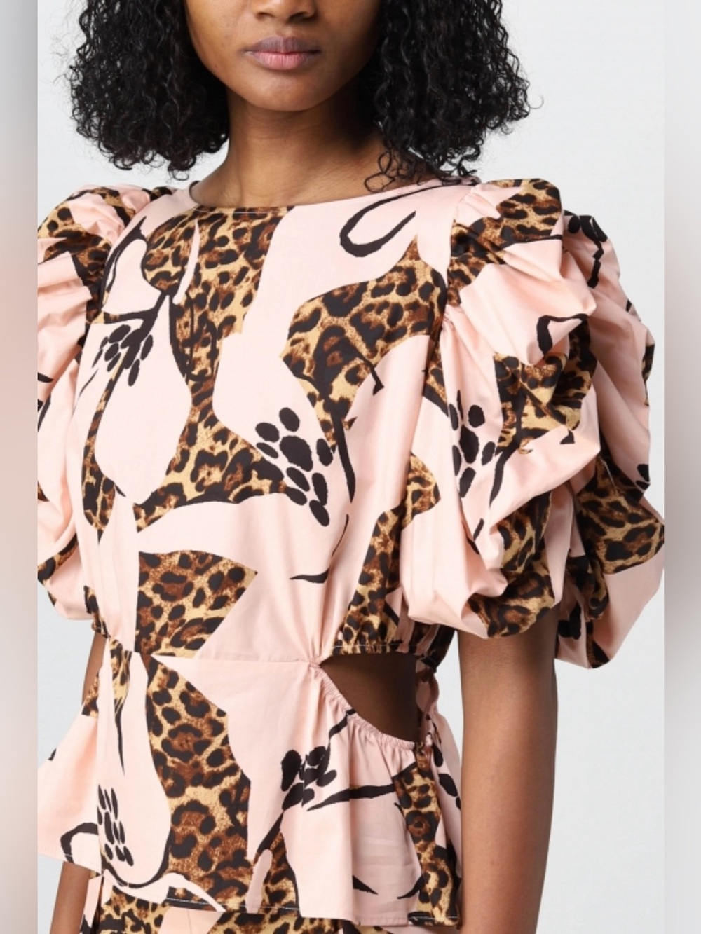 Twin-Set Pink Puff-Sleeve Top with Leopard & Black Floral Print